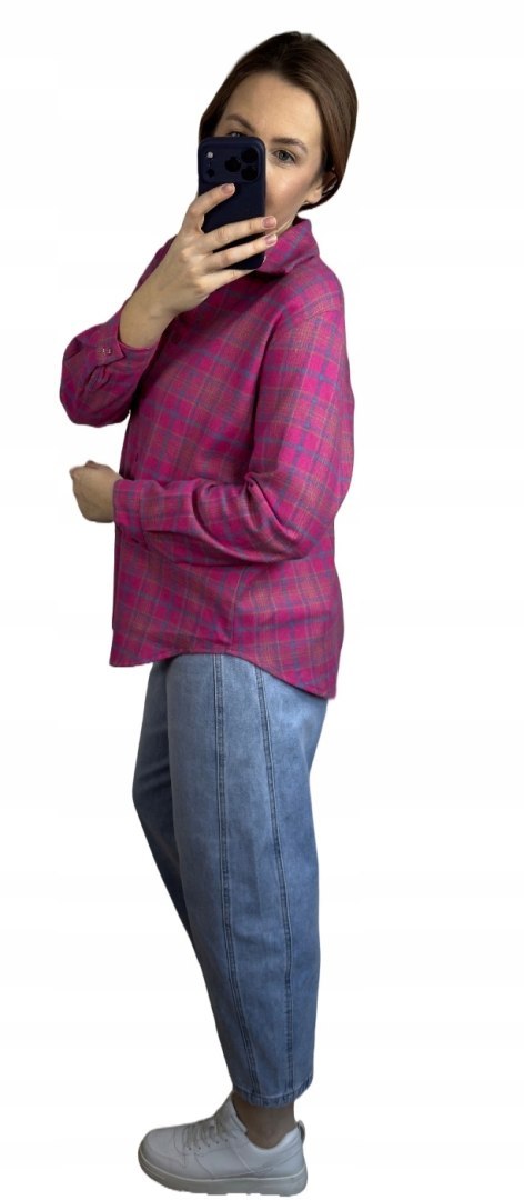 Bawełniana koszula flanelowa w kratę kratkę luźna różowa bawełna 100%- FLANELLA