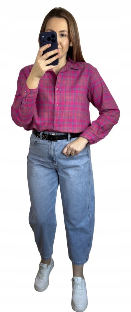 Bawełniana koszula flanelowa w kratę kratkę luźna różowa bawełna 100%- FLANELLA