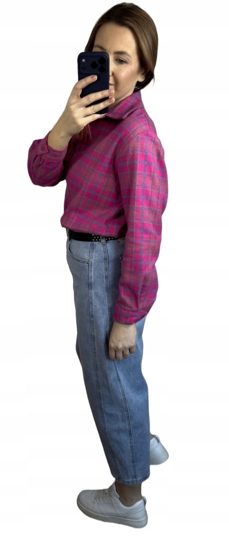 Bawełniana koszula flanelowa w kratę kratkę luźna różowa bawełna 100%- FLANELLA