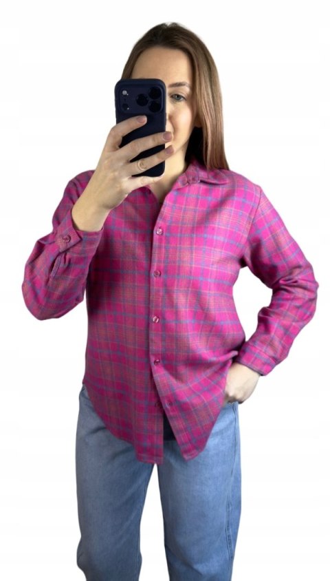 Bawełniana koszula flanelowa w kratę kratkę luźna różowa bawełna 100%- FLANELLA