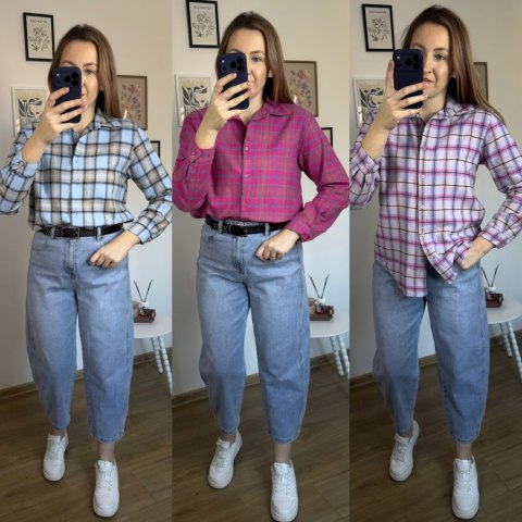 Bawełniana koszula flanelowa w kratę kratkę luźna różowa bawełna 100%- FLANELLA