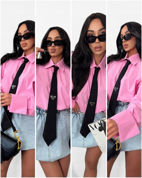 Koszula z krawatem oversize różowa czarny krawat bawełniana La Milla