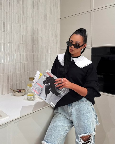 Luźna czarna bluza oversize z kołnierzem bawełniana La Milla