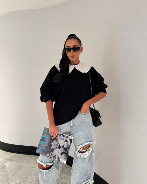 Luźna czarna bluza oversize z kołnierzem bawełniana La Milla