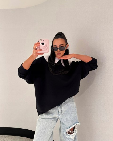 Luźna czarna bluza oversize z kołnierzem bawełniana La Milla