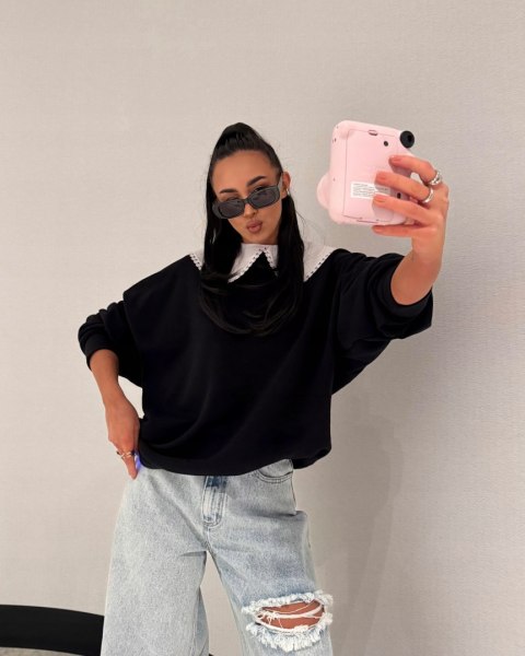 Luźna czarna bluza oversize z kołnierzem bawełniana La Milla