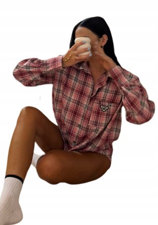 Luźna koszula flanelowa bawełniana w kratę różowa czerwona La Milla