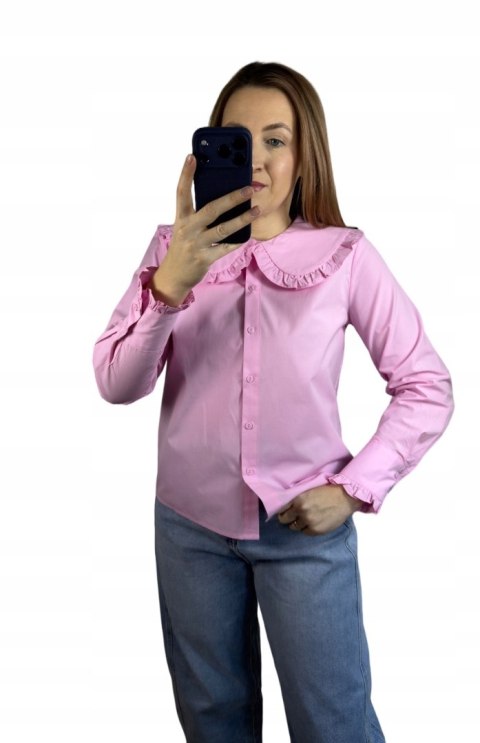 Różowa koszula bawełniana z kołnierzem falbanką L