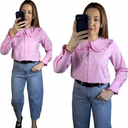 Różowa koszula bawełniana z kołnierzem falbanką M