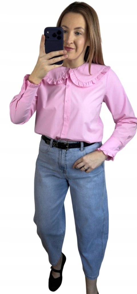 Różowa koszula bawełniana z kołnierzem falbanką M