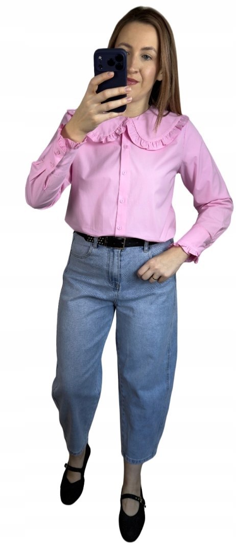 Różowa koszula bawełniana z kołnierzem falbanką M