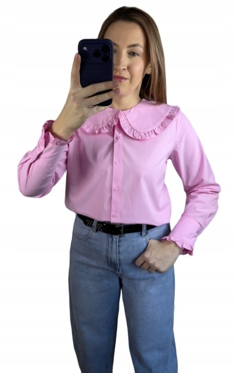 Różowa koszula bawełniana z kołnierzem falbanką S