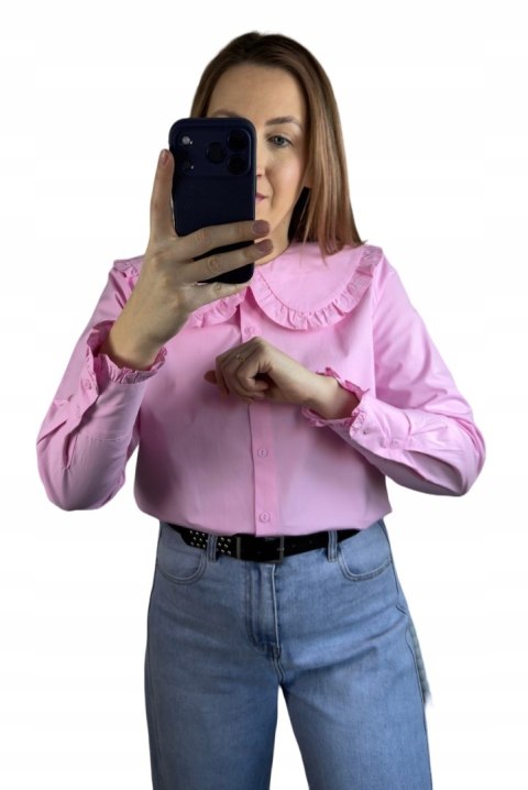 Różowa koszula bawełniana z kołnierzem falbanką S