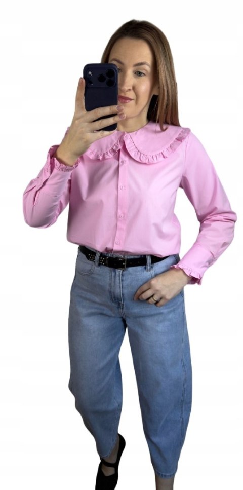 Różowa koszula bawełniana z kołnierzem falbanką S