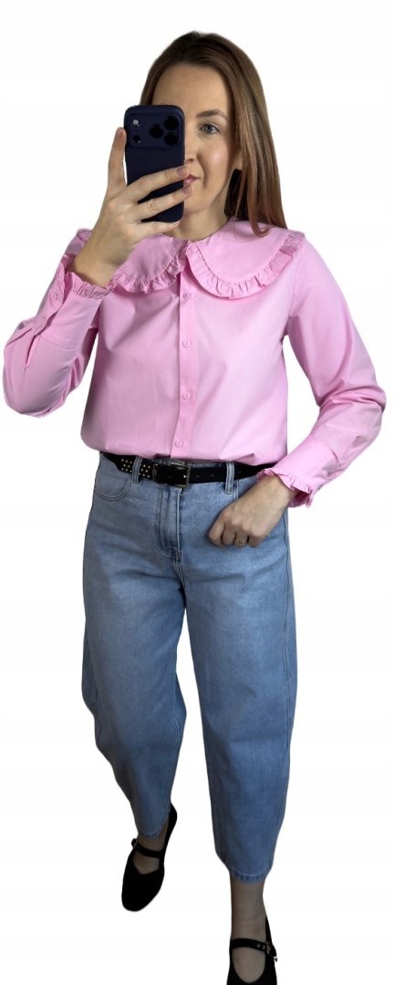 Różowa koszula bawełniana z kołnierzem falbanką S