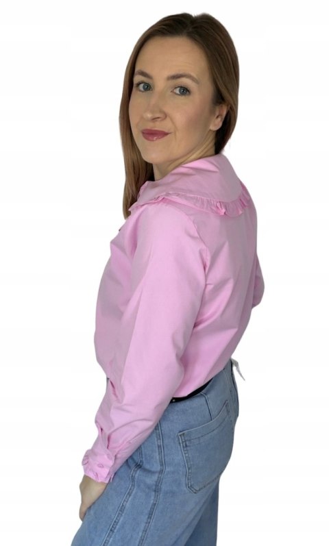 Różowa koszula bawełniana z kołnierzem falbanką S