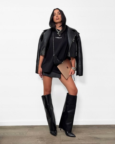 T-shirt czarny bawełniany oversize luźny haft La Milla