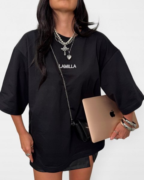 T-shirt czarny bawełniany oversize luźny haft La Milla