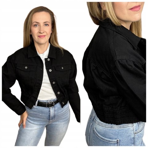 Czarna jeans krótka kurtka jeansowa katana bomberka guziki M. Sara XL Czarna jeans krótka kurtka jeansowa katana bomberka guziki M. Sara XL