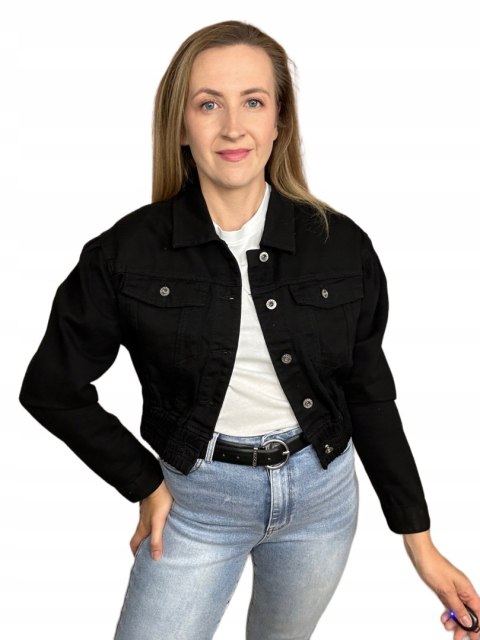 Czarna jeans krótka kurtka jeansowa katana bomberka guziki M. Sara XL Czarna jeans krótka kurtka jeansowa katana bomberka guziki M. Sara XL