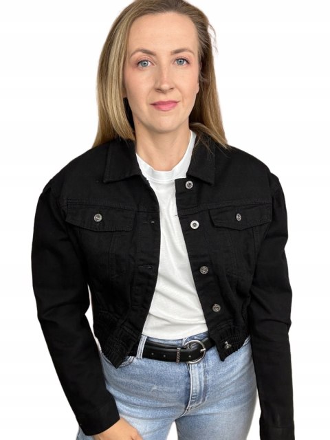 Czarna jeans krótka kurtka jeansowa katana bomberka guziki M. Sara XL Czarna jeans krótka kurtka jeansowa katana bomberka guziki M. Sara XL