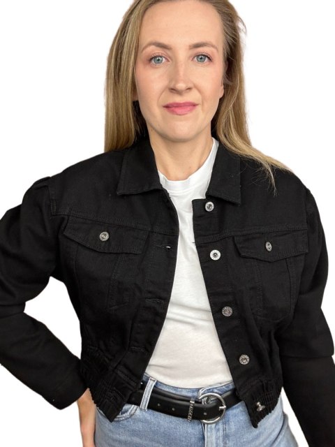 Czarna jeans krótka kurtka jeansowa katana bomberka guziki M. Sara XL Czarna jeans krótka kurtka jeansowa katana bomberka guziki M. Sara XL