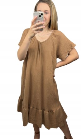 Dłuższa midi sukienka oversize luźna zwiewna muślinowa falbanka M L XL XXL