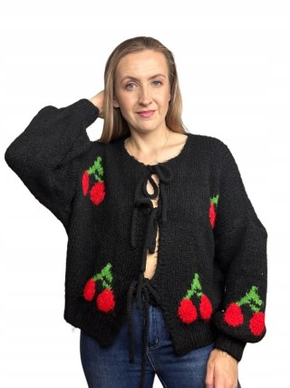 Luźny oversizowy sweter kardigan ozdobne wiązanie wiśnie szerokie rękawy