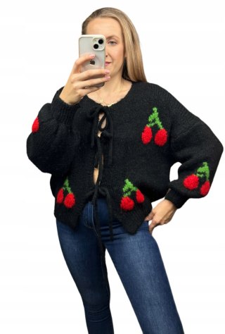 Luźny oversizowy sweter kardigan ozdobne wiązanie wiśnie szerokie rękawy