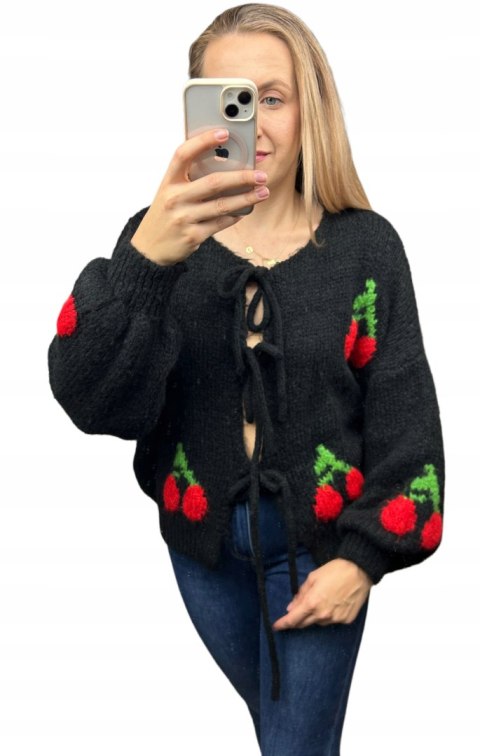 Luźny oversizowy sweter kardigan ozdobne wiązanie wiśnie szerokie rękawy Luźny oversizowy sweter kardigan ozdobne wiązanie wiśnie szerokie rękawy