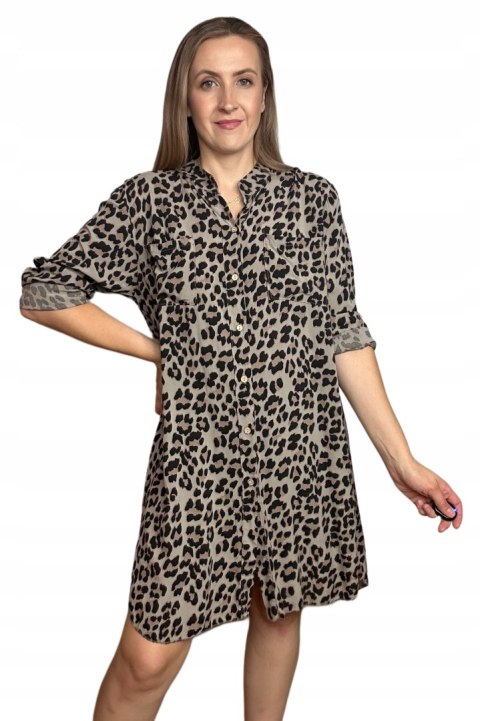 Sukienka koszulowa w cętki panterkę wiskoza krótka luźna M L XL Sukienka koszulowa w cętki panterkę wiskoza krótka luźna M L XL