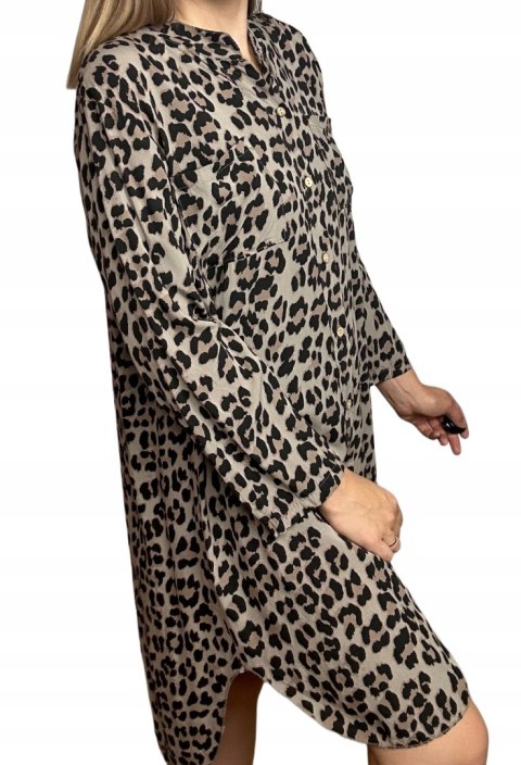 Sukienka koszulowa w cętki panterkę wiskoza krótka luźna M L XL Sukienka koszulowa w cętki panterkę wiskoza krótka luźna M L XL