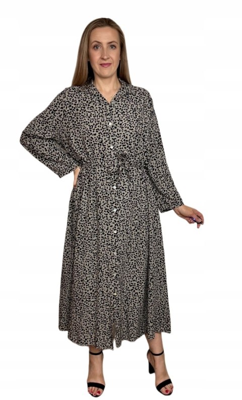 Szmizjerka maxi długa luźna guziki panterka cętki długi rękaw M L XL XXL Szmizjerka maxi długa luźna guziki panterka cętki długi rękaw M L XL XXL