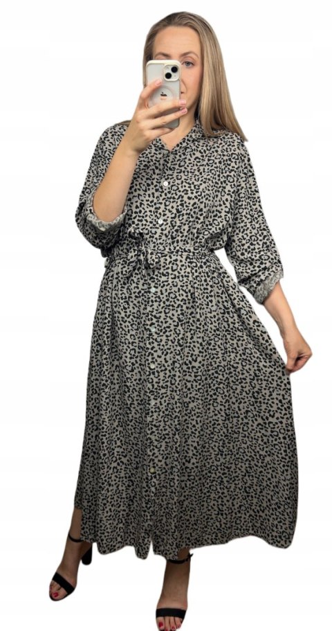 Szmizjerka maxi długa luźna guziki panterka cętki długi rękaw M L XL XXL Szmizjerka maxi długa luźna guziki panterka cętki długi rękaw M L XL XXL