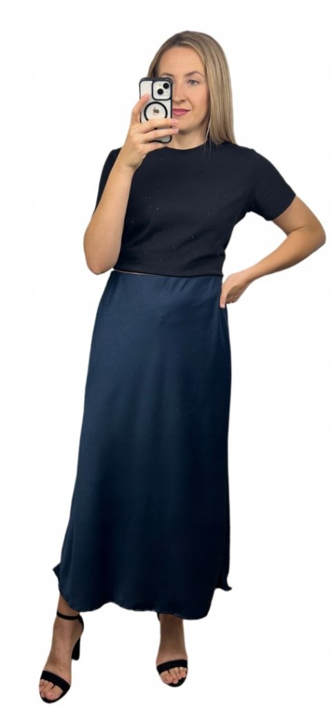 Długa maxi spódnica satynowa satyna jesień granatowa M L XL Długa maxi spódnica satynowa satyna jesień granatowa M L XL