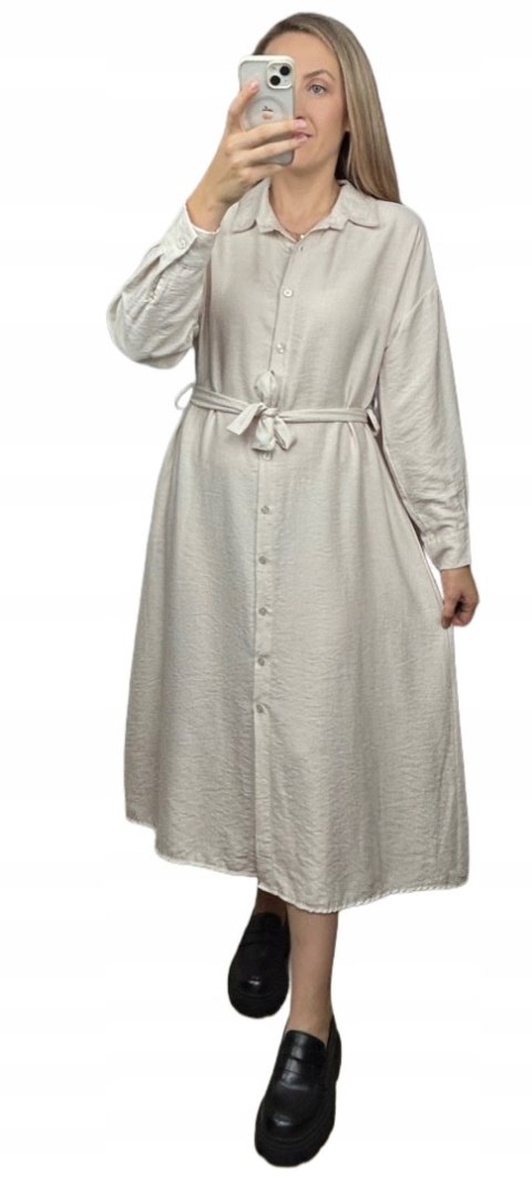 Długa sukienka szmizjerka koszulowa długi rękaw guziki luźna wiskoza M L XL Długa sukienka szmizjerka koszulowa długi rękaw guziki luźna wiskoza M L XL