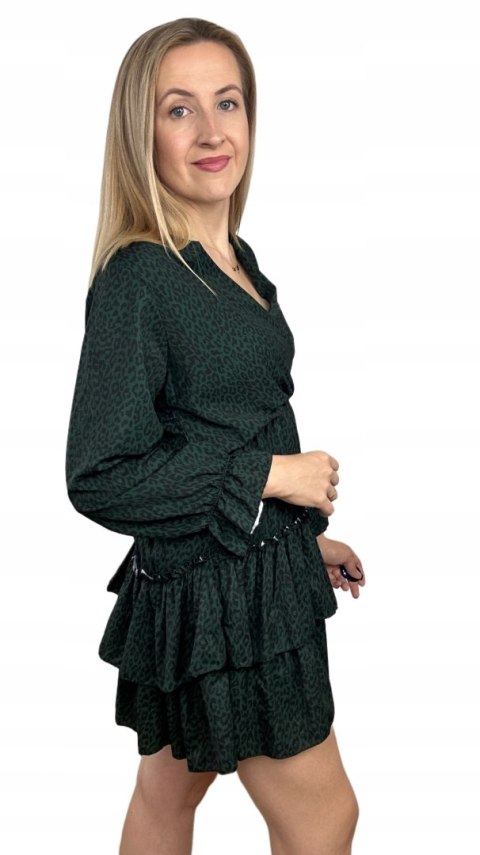 Krótka sukienka falbanki kopertowy dekolt panterka cętki rękawy S M L Krótka sukienka falbanki kopertowy dekolt panterka cętki rękawy S M L