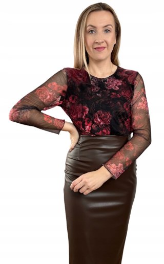 Siateczkowe body w kwiaty z podszewką długie rękawy M L XL