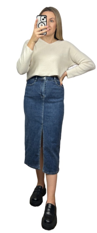 Laulia jeansowa spódnica ołówkowa midi z rozcięciem niebieski jeans 36 S