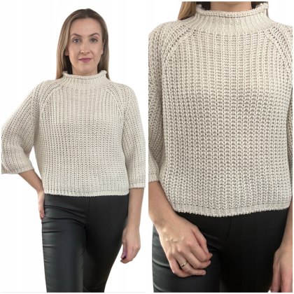 Beżowy ciepły luźny grubszy sweter w wełną wełna rękaw 3/4 szeroki półgolf