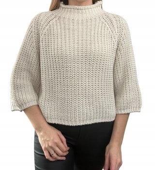 Beżowy ciepły luźny grubszy sweter w wełną wełna rękaw 3/4 szeroki półgolf
