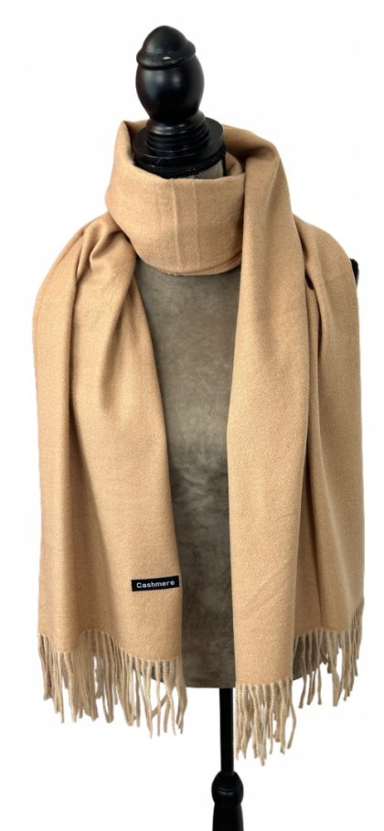 Karmelowy duży szal szalik frędzlami wiskoza wełna zima Cashmere