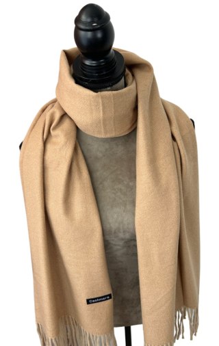 Karmelowy duży szal szalik frędzlami wiskoza wełna zima Cashmere
