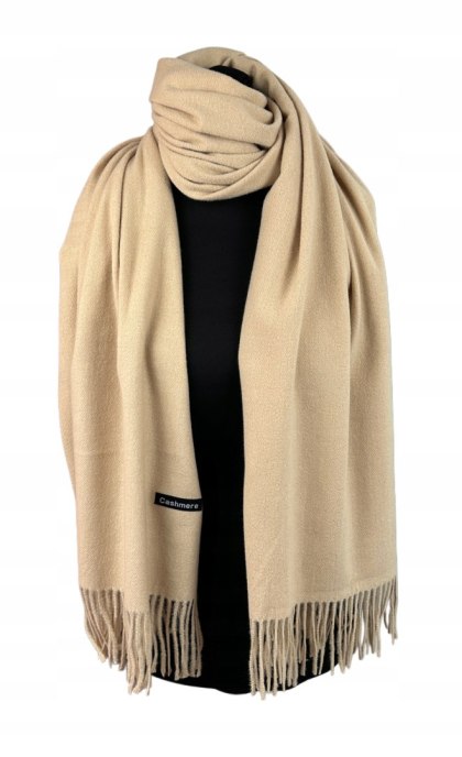 Beżowy duży szal szalik frędzlami gruby wiskoza wełna zima Cashmere