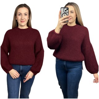 Bordowy sweter moher wełna bufiaste rękawy luźny oversize Made in Italy