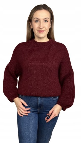 Bordowy sweter moher wełna bufiaste rękawy luźny oversize Made in Italy