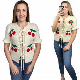 Beżowy sweterek krótki rękaw falbanka wiśnie cherry wiązany kokardki Azara