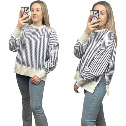 Granatowa bluza oversize paski bawełniana rozcięcia produkt polski Lenoshka