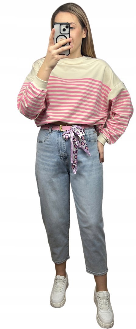 Jeansy damskie jeans niebieskie szerokie baloon różowy pasek M.Sara XS Jeansy damskie jeans niebieskie szerokie baloon różowy pasek M.Sara XS