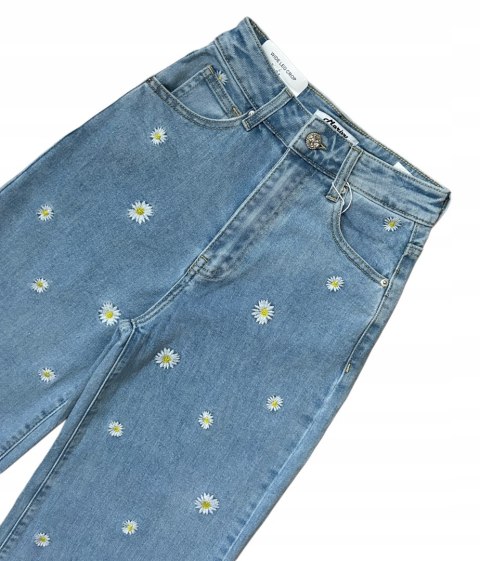 Jeansy spodnie damskie szerokie wide leg stokrotki haft jeans Marivy M 38 Jeansy spodnie damskie szerokie wide leg stokrotki haft jeans Marivy M 38